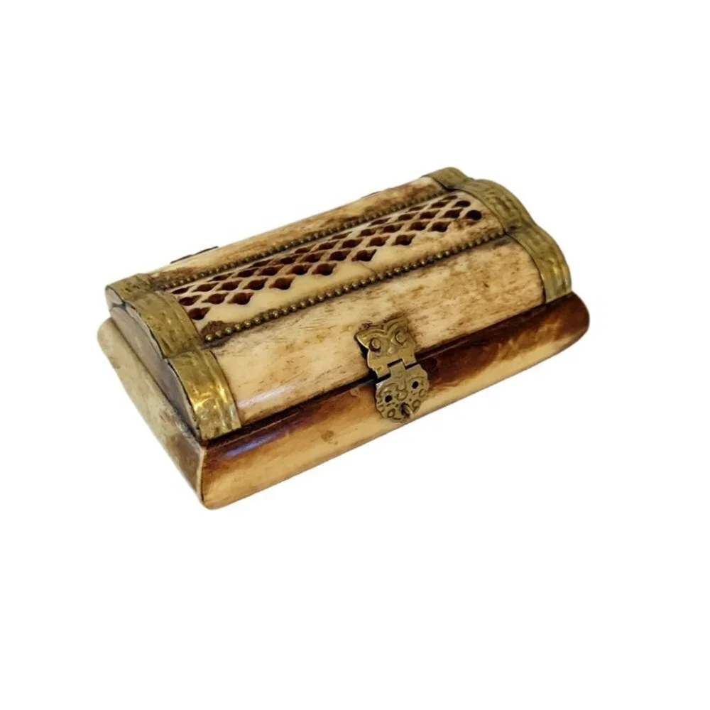 Vintage Brass‎ Hammered Bone Box Keepsake Jewelry Lined Smoke Indian Trinket